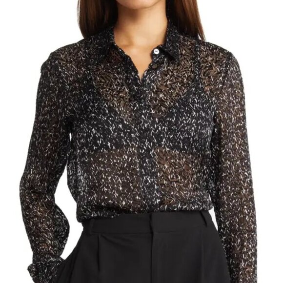 NWT Theory Chevron Burnout Button Silk Viscose Sheer Blouse Top - Picture 5 of 15